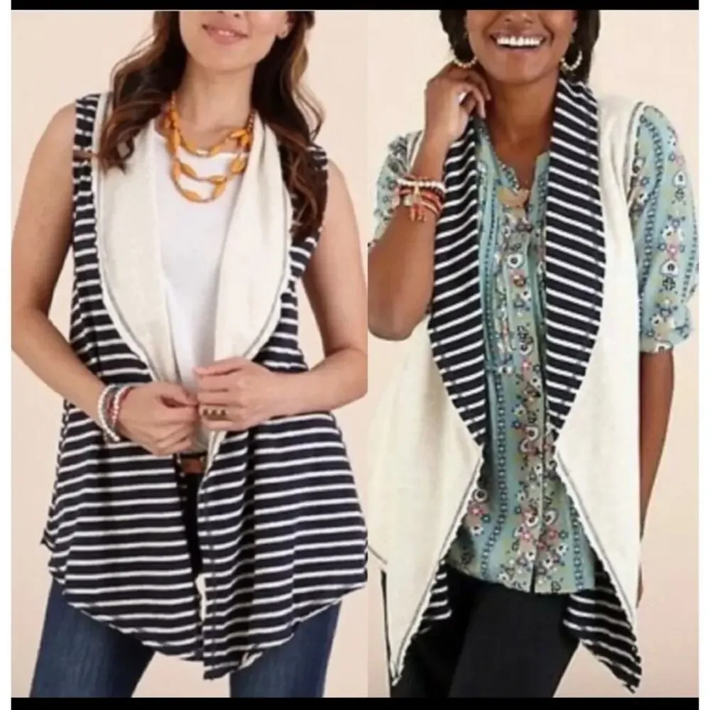 Matilda Jane Women's Full Moon Reversible Vest Navy Blue Cream Stripe Size Large